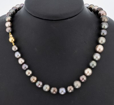 Perl-Collier mit 14 kt Gold Schließe, GG 585/000, 43 multicolor Tahitizuchtperlen, D. ca. 8.2-10.9 mm, L. ca. 45 cm, Kugelschließe