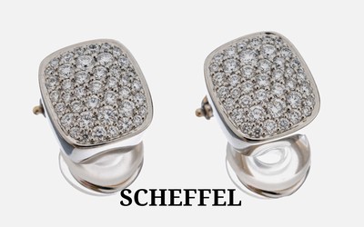 Paar Platin SCHEFFEL Brillant-Ohrclips, Pt 950/000, 80 Brillanten zus. ca. 1.72 ct feinesWeiß/Vs, ca. 9.6 g