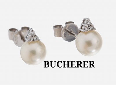 Paar 18 kt Gold BUCHERER Brillant-Perl- Ohrstecker, WG 750/000, 6 Brillanten zus. ca. 0.12 ct Weiß/vs, 2 weiße Zuchtperlen D. ca. 7.2 mm, ...