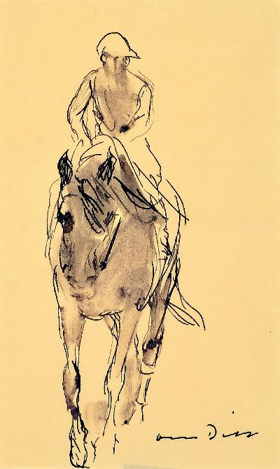Otto Dill, 1884 Neustadt/Wstr. - 1957 Bad Dürkheim, aquarellierte Tuschezeichnung, Jockey zu Pferd, re. u. signiert, PP. ca. 19.5 x 11.5 cm, unter ...