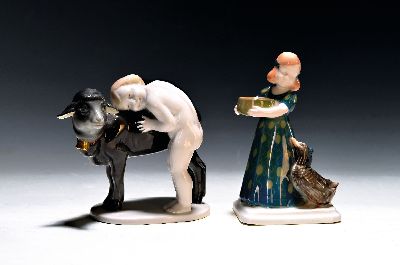 Zwei Porzellanfiguren, Rosenthal, Entwurf Albert Caasmann um 1913, 1. Entenmaid, K 257, zeitnahe Ausformung, H. 14 cm und 2. Spielkameraden, 30er ...