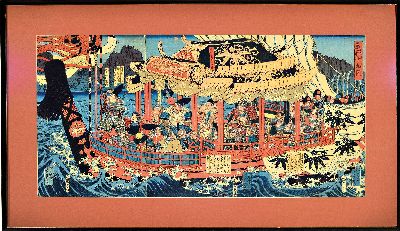 Großer japanischer Farbholzschnitt, Utagawa Yoshikazi, Edo Periode, 19. Jahrhundert, 19 Krieger, drei Blätter zusammengesetzt, Pp., unter Glas, ...