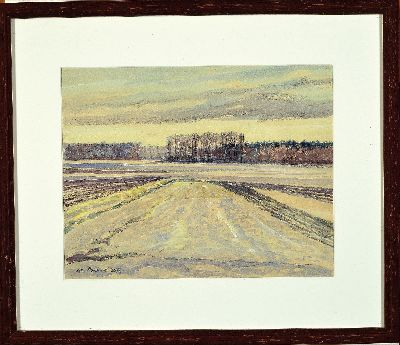 Werner Brand, 1933 Löbau-2021 Hochstadt/Pfalz, Winterliche Agrarlandschaft, im HintergrundPappeln, Aquarell auf Papier, links unten signiert und ...