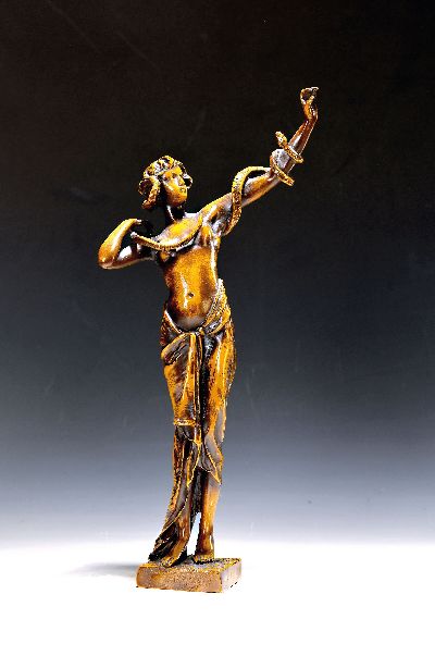 Bronzefigur, Frankreich, in der Art des Jugendstils, weiblicher Halbakt mit Schlange, Bronze lackiert, H. ca. 42cm