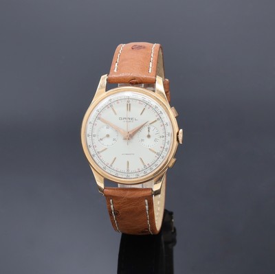 GAREL Schaltradchronograph Kaliber Valjoux 23 in RG 750/000, Schweiz um 1950, Handaufzug, 3-teil. Geh., Boden (dell.) und Glasrand aufgedr., silb. ...