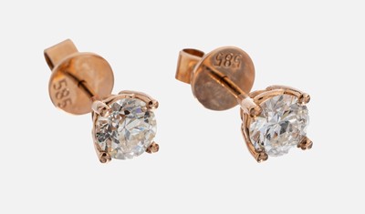 Paar 14 kt Gold Diamant-Ohrstecker, RoseG 585/000, 1 Brillant und 1 Altschliffdiamant zus. ca. 1.47 ct Weiß-l.get.Weiß/si, ca. 2.1 g