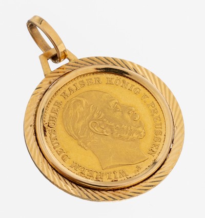 18 kt Gold Münz-Anhänger, GG 750/000, lose gefasste Goldmünze, 20 Mark, Deutsches Reich, 1888, Wilhelm Deutscher Kaiser König von Preussen, ca. ...
