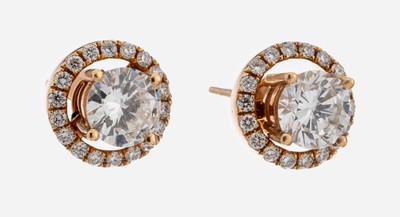 Paar 18 kt Gold Brillant-Ohrstecker, RoseG 750/000, 2 Brillanten zus. ca. 1.40 ct Weiß/si, abnehmbare Kränze mit Brillanten zus.ca. 0.30 ct feines ...
