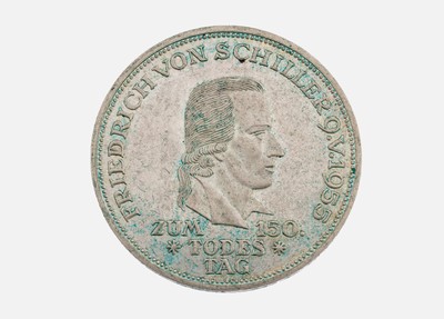 Silbermünze, 5 Mark, Deutschland, 1955, 150. Todestag Friedrich Schiller, Patina