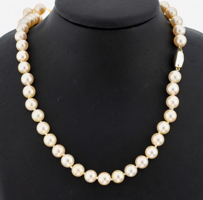 Perl-Collier mit 14 kt Gold Schließe, GG 585/000, Akoyazuchtperlen, D. ca. 8.6-9 mm, L.ca. 113 cm, Steckschließe