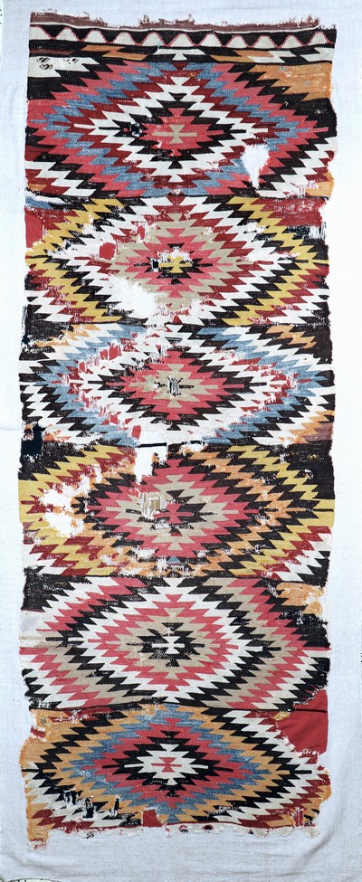 Kapadokien Kelim antik, Türkei, 19.Jhd, Wolle auf Wolle, ca. 265 x 100 cm, EHZ: 4, (auf Leinen genäht)