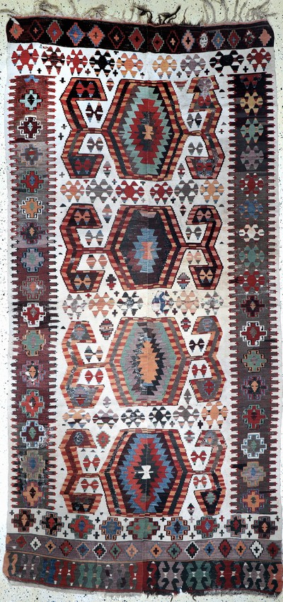 Konya Kelim antik, Türkei, 19.Jhd, Wolle auf Wolle, ca. 328 x 160 cm, EHZ: 4, (auf Leinen genäht)