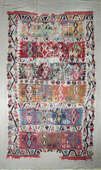 Konya Kelim antik, Türkei, 19.Jhd, Wolle auf Wolle, ca. 277 x 168 cm, EHZ: 4, (auf Leinen genäht)