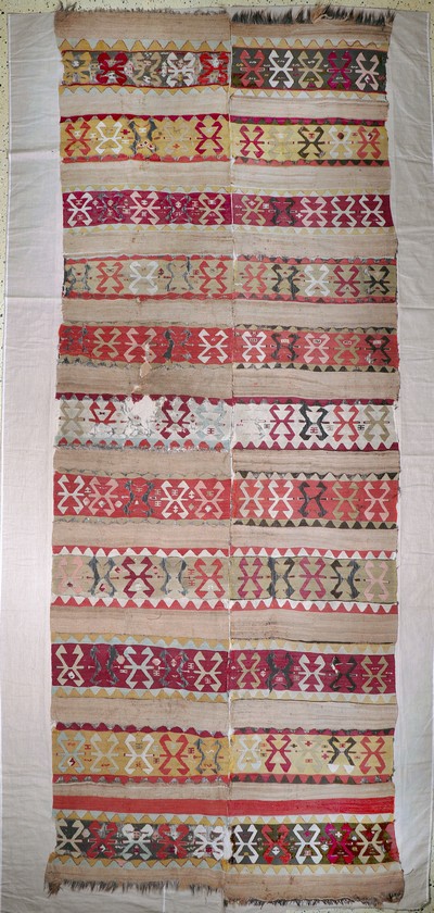 Konya Kelim antik, Türkei, 19.Jhd, Wolle auf Wolle, ca. 390 x 155 cm, EHZ: 4, (auf Leinen genäht)