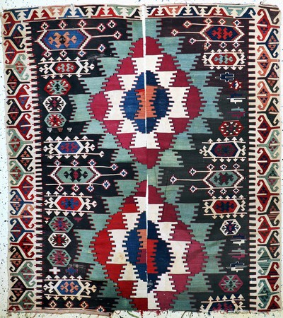 Aydin Kelim Fragment antik, Türkei, 19.Jhd,Wolle auf Wolle, ca. 183 x 164 cm, EHZ: 3, (2 getrennte Bahnen)