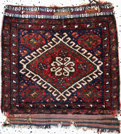 Khamseh Taschenfront antik, Persien, 19.Jhd, Wolle auf Wolle, ca. 55 x 55 cm, EHZ: 2-3