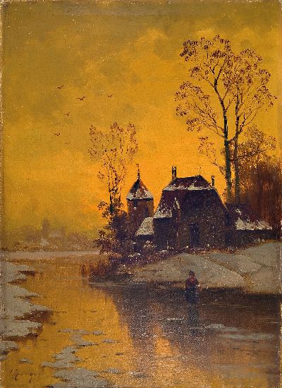 Unbekannter Künstler, wohl Niederlande, um 1900, Abendstimmung über verschneiter Landschaft mit Bauernhaus und Frau, Öl/Lwd, links unten ...