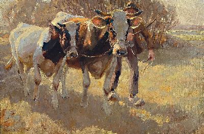 Eugen Osswald, 1879 Stuttgart - 1960 München, Studium an der Akademie München bei Heinrich von Zügel, hier: Bauer mit zwei Kühen in Landschaft, ...