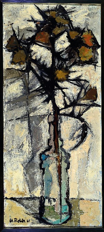 Werner Rohde, 1906 Bremen - 1990 Worpswede, Disteln, Öl/Lwd, signiert und dat. 61, ca. 90 x 40 cm, Rahmen ca. 94 x 42.5 cm