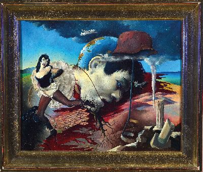 Hans Joachim Gestering, 1911 Wunsiedel - 1992 Forstel im Odenwald, surrealistische Darstellung, Öl/Malkarton, unsigniert, li. unten gelöste ...