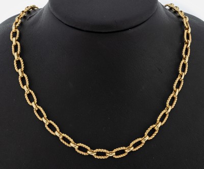 14 kt Gold Collier, ca. 41,6 g, GG 585/000,ovale gekordelte Glieder, L. ca. 50.5 cm, Karabinerschließe, Sicherheitskettchen mit Federringschließe