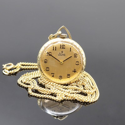 STOWA kleine, offene Damenanhängeuhr in GG 585/000 an Kette in GG 585/000, Schweiz um 1970, 2-teil. Geh., aufgedr. Glasrand, Boden m. floraler ...
