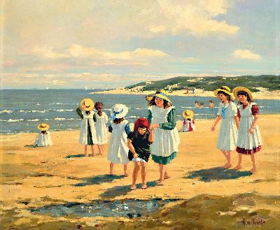 Ans van Tunter, Künstler des 20. Jh., Strandszene, vielfigurige Szenerie, jungen Mädchen am Dünenstrand, Öl/Lwd, signiert, ca. 50 x 60 cm, Rahmen ...