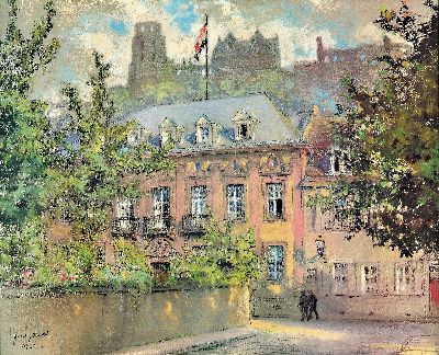 Franz Huth, 1876 Pößneck-1970 Weimar, Ansicht aus Heidelberg, im Hintergrund das Schloß, vorne ein Verbindungshaus (wohl Alemannia) und zwei ...