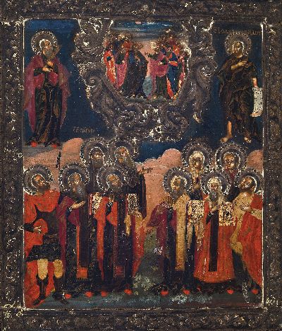 Himmelfahrts-Ikone, Russland, letztes Drittel 19.Jh., Tempera auf Holz, Silberoklad ungemarkt, Rahmung angepasst, Aufgefahrener im Rahmen, ...