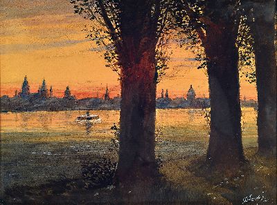 Conrad Sutter, 1856 Karlsruhe-1926 Bethel, Blick über den Rhein auf das Panorama von Mainz im Abendrot, Aquarell auf Papier, rechts unten signiert ...