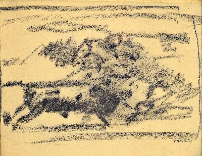 Franz Marx, 1889 München-1960, Bleistiftstudie, Stierkampf zu Pferde, rechts unten signiert, unter Glas gerahmt, 22x27 cm; Marx studierte an der ...