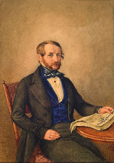 Mary Ellen Best, seit 1840 verh. Sarg, 1809 York/England-1891 Darmstadt, Aquarell/Papier, viktorianisches Porträtpaar, Sie mit einem Notenheft zu ...