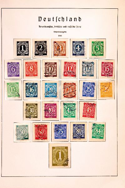 Briefmarkenalbum, Amerikanisches Zone, Bund, Berlin, Franz. Zone und Saargebiet, Amerik. Zone, Bund und Berlin gestempelt, Franz. Zone ...
