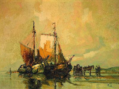 Rudolf Priebe, 1889 Schulakow-1964, Fischerboote und Pferdekarren am Strand, Öl/ Lwd, rechts unten sign., ca. 60x80cm, R. ca. 73x93cm, Priebe ...