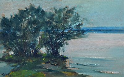 Willibald Demmel, 1914 München-1989 Gstadt am Chiemsee, am Chiemseeufer, Öl/Hartfaser, links unten sign., ca. 47x75cm, R. ca. 65x93cm