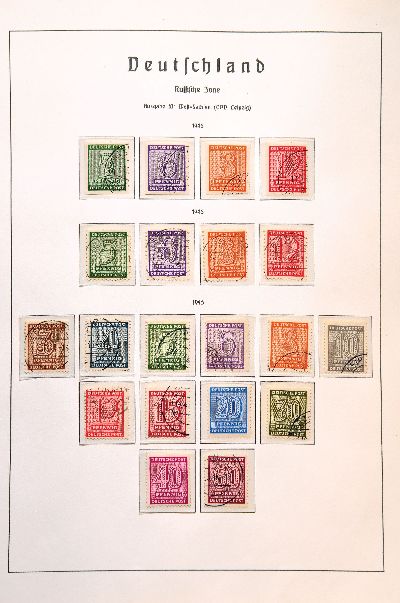 Briefmarkenalbum, Sowjetische Zone/DDR, überwiegend gestempelt, dabei Michel Bl. 1x (Falz); DDR gestempelt, Bl. 8 A/B, Bl. 9 A/B