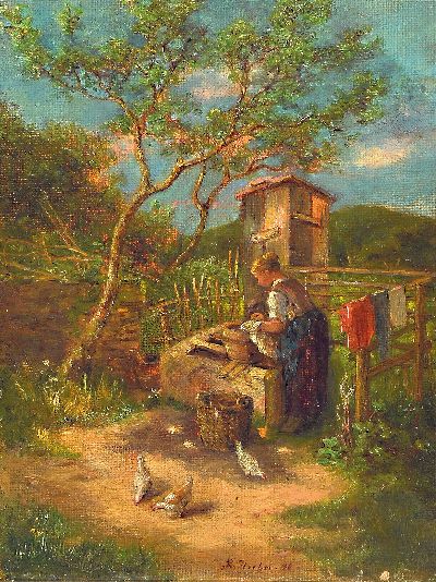 Robert Friedrich Stieler, 1947 Heilbronn-1908 Karlsruhe, Junge Frau beim Waschen an einem Brunnen, Öl/Lwd, rechts unten sign. und dat. 96, ca. ...