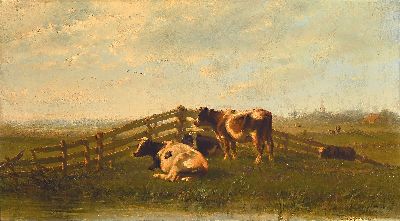 Cornelis Westerbeek, 1844 Sassenheim-1903 Den Haag, Kühe auf der Weide, Öl/Holz, rechts unten sign., ca. 44x80cm, Barockstilrahmen ca. 66x100cm