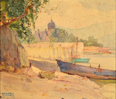 Richard Carl Wagner, 1882-1845, Österreich, Aquarell, Uferlandschaft wohl am Bodensee, links unten signiert und datiert 1929, unter Glas gerahmt ...