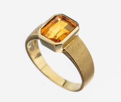 14 kt Gold Citrin-Ring, GG 585/000, Ringschiene außen sat., Citrin im Treppenschliff, schöne Farbe, RW 59, ca. 6.0 g