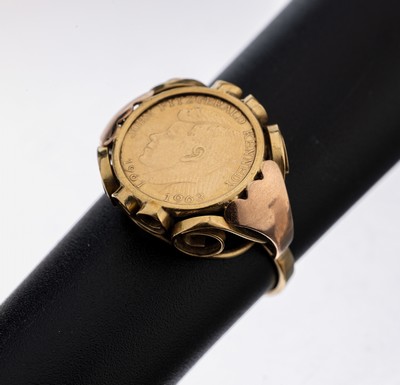 14 kt Gold Medaillen-Ring, 1960er Jahre, GG585/000, lose gefasste Medaille, John Fitzgerald Kennedy, Unterkaderung aus Voluten,RW 55, ca. 3.1 g
