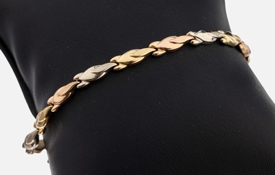 14 kt Gold Armband, GG/WG/RG 585/000, abstrakte Glieder im Farbwechsel, L. ca. 19 cm, Karabinerschließe, ca. 5.0 g