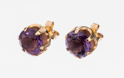 Paar 14 kt Gold Amethyst-Ohrstecker, RoseG 585/000, 2 rundfacett. Amethyste zus. ca. 6.0 ct, ca. 4.3 g