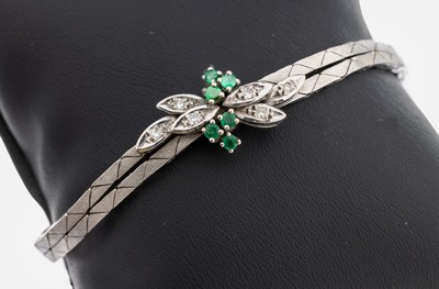 14 kt Gold Smaragd-Diamant-Armband, 1970er Jahre, WG 585/000, schauseitig sat., 6 rundfacett. Smaragde zus. ca. 0.20 ct, 6 8/8- Diamanten zus. ca. ...
