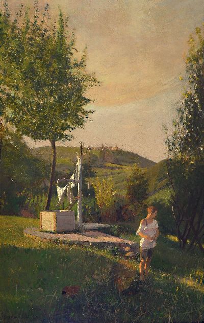 Emanuel Baschny, 1873 Sternberg-1932 Wien, sommerlicher Garten mit einem Knaben, dahinter Blick auf den Kahlenberg bei Wien, links unten signiert und ...