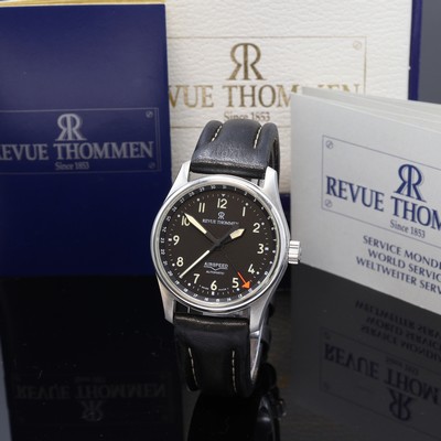 REVUE THOMMEN Airspeed Armbanduhr Referenz 6110003, Schweiz um 1995, Automatik, Edelstahlgeh. inkl. orig. Lederband (zu ers.) m. Faltschl., Boden ...