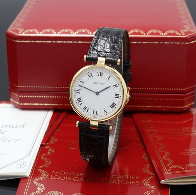 CARTIER Vendome Armbanduhr in GG 750/000 Referenz 881001, Schweiz um 1990, quarz, orig. Lederband (zu ers.) m. orig. verg. Dornschl., Boden 2-fach ...