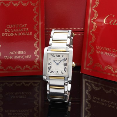CARTIER Tank Francaise Armbanduhr Referenz 2301, Schweiz verk. lt. beil. Pap. 02/1999, quarz, Edelstahl/Gold komb. inkl. orig. Gliederband m. dopp. ...