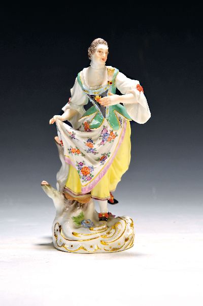 Porzellanfigur, Meissen, 20. Jh., polychrom tanzende Schäferin, Entwurf Elias Meyer, bemalt, Goldstaffage, H. ca. 18.5 cm