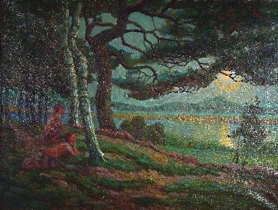 Unbekannter Künstler, um 1915/20, Tanz im Silberlicht, im Mondlicht tanzende Elfen, seitlich im Schatten zwei Satyrn, Öl/Lwd, unsigniert, ca. 60 x ...